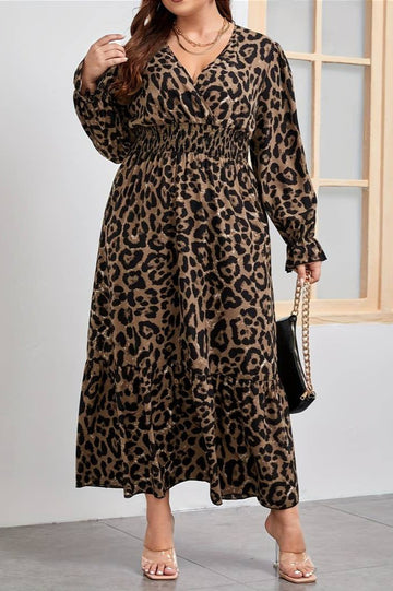 Woochic robe grande taille col en V imprimée léopard trapèze manches volantée léopard L